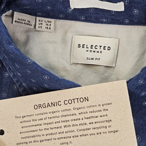 NWT Selected Homme Shirt Slim Fit Organic Cotton Long Sleeve Button-Down Sz 16.5 - Picture 2 of 10